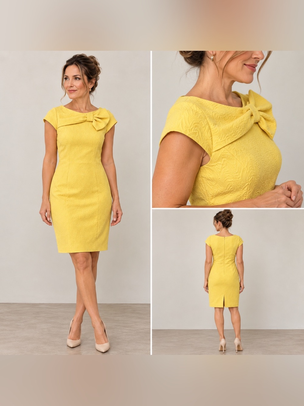 Studio I Bright Yellow Midi Dress with Bow Neck size 8